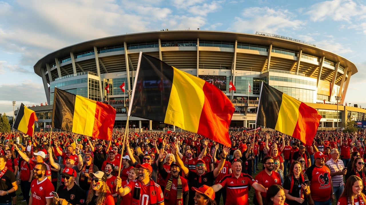 Fans with Belgium flags cheering outside BC stadium Canada