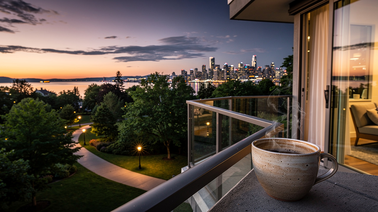 Burnaby balcony view overlooking park and Vancouver skyline at dusk