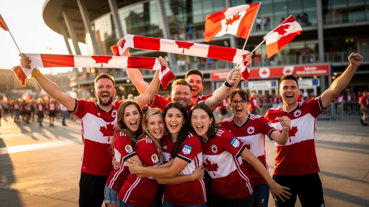Canadian soccer fans celebrating outside BC Place stadium