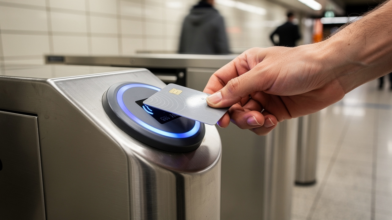 Hand tapping contactless card at SkyTrain fare gate