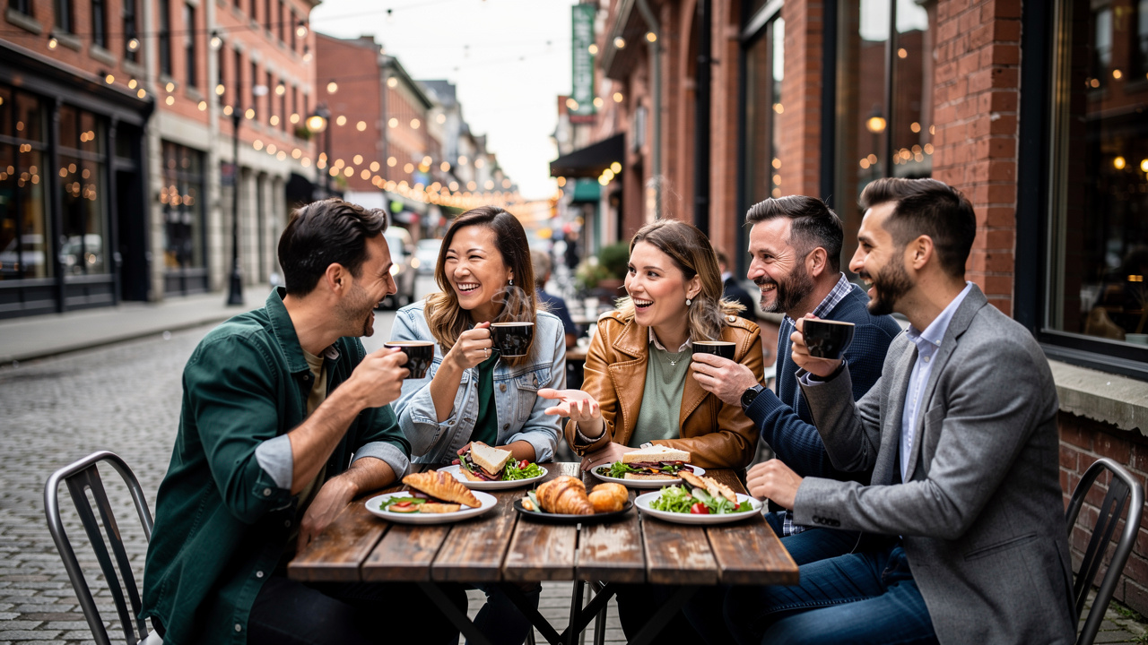 Belgian friends dining at outdoor Gastown Vancouver café