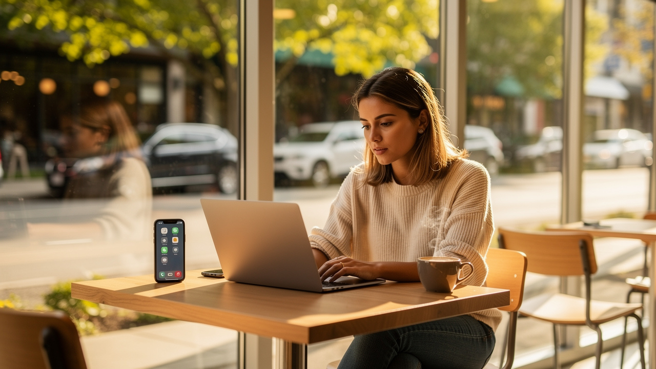 Digital nomad working connected in a bright Vancouver cafe