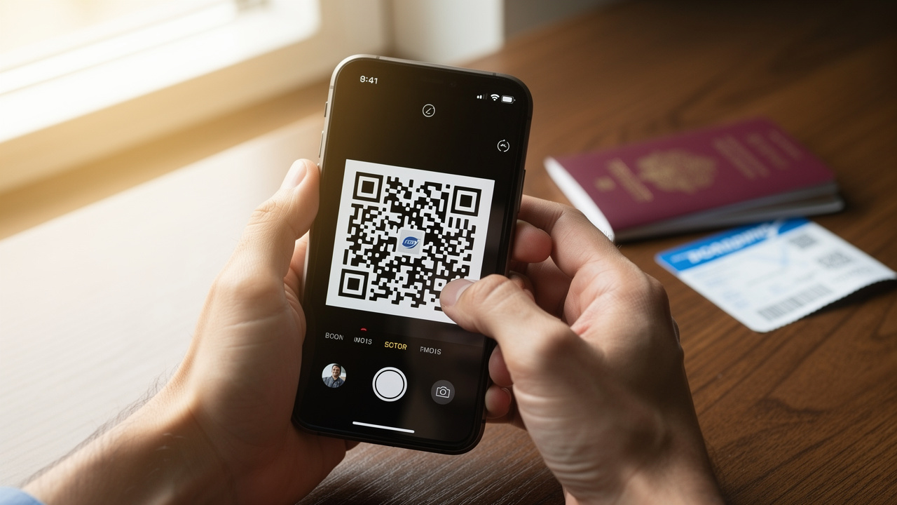 Traveler scanning eSIM QR code before international departure