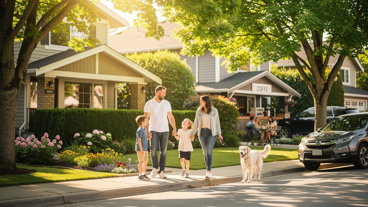Family walking through quiet tree-lined Burnaby neighborhood street