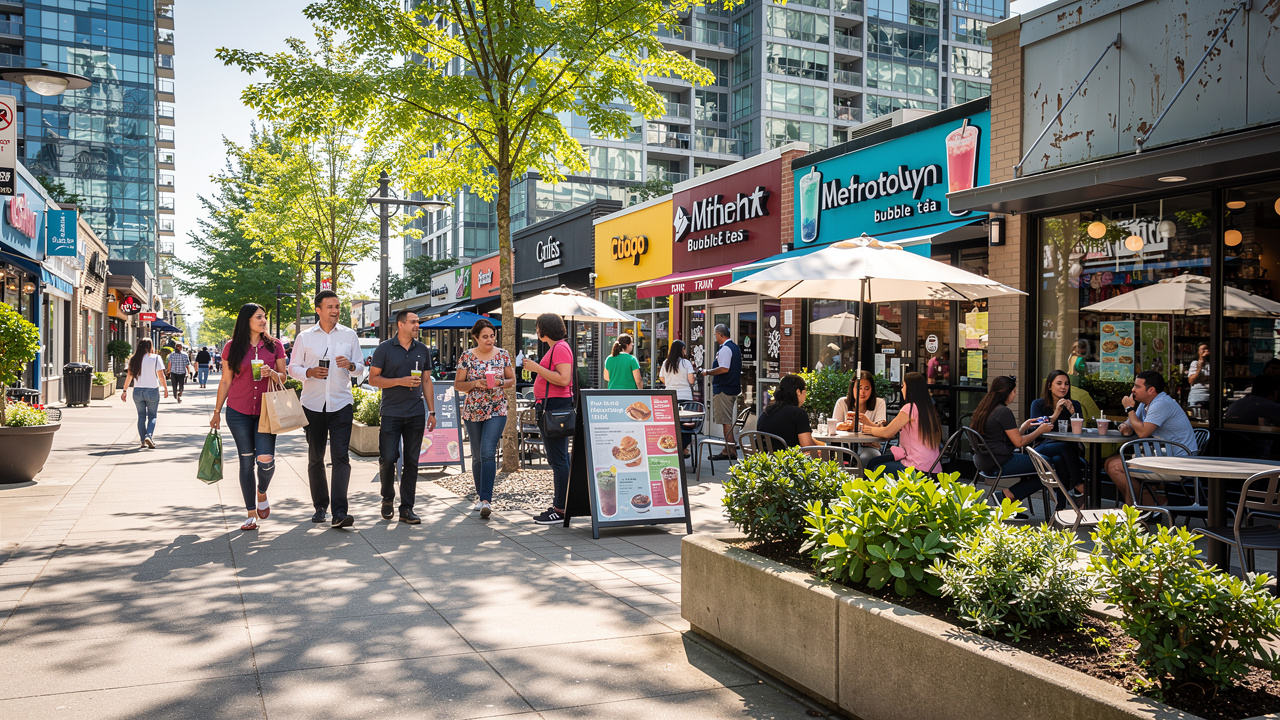 Lively Metrotown street with cafés and diverse restaurants