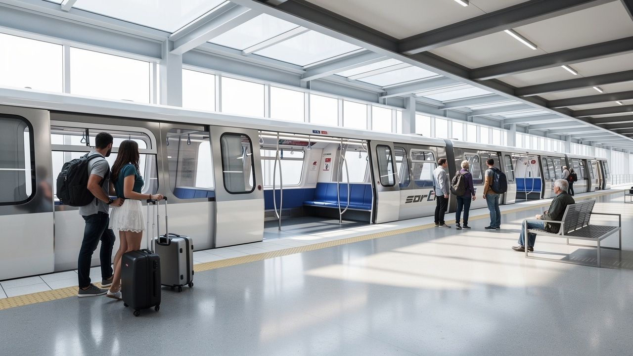 Modern SkyTrain platform with passengers and luggage