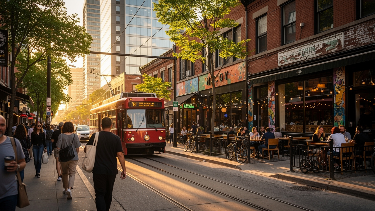 Busy Toronto street with streetcar and café patios