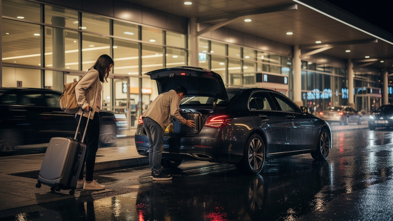 Rideshare car loading luggage outside YVR airport at night