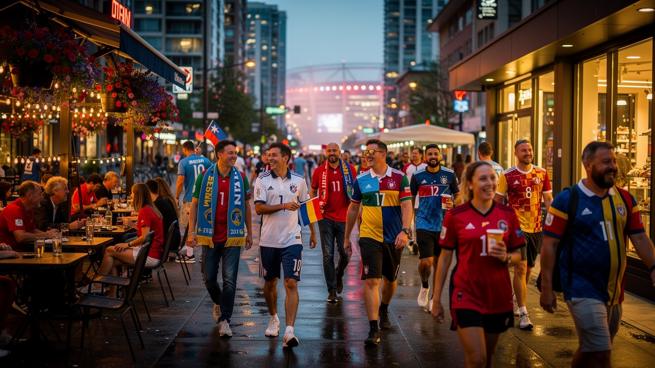 Diverse football fans celebrating on Vancouver downtown streets