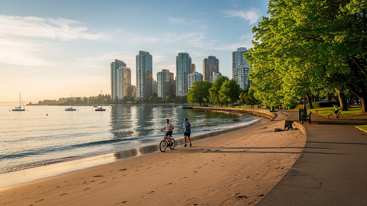 English Bay Beach seawall Vancouver West End summer morning