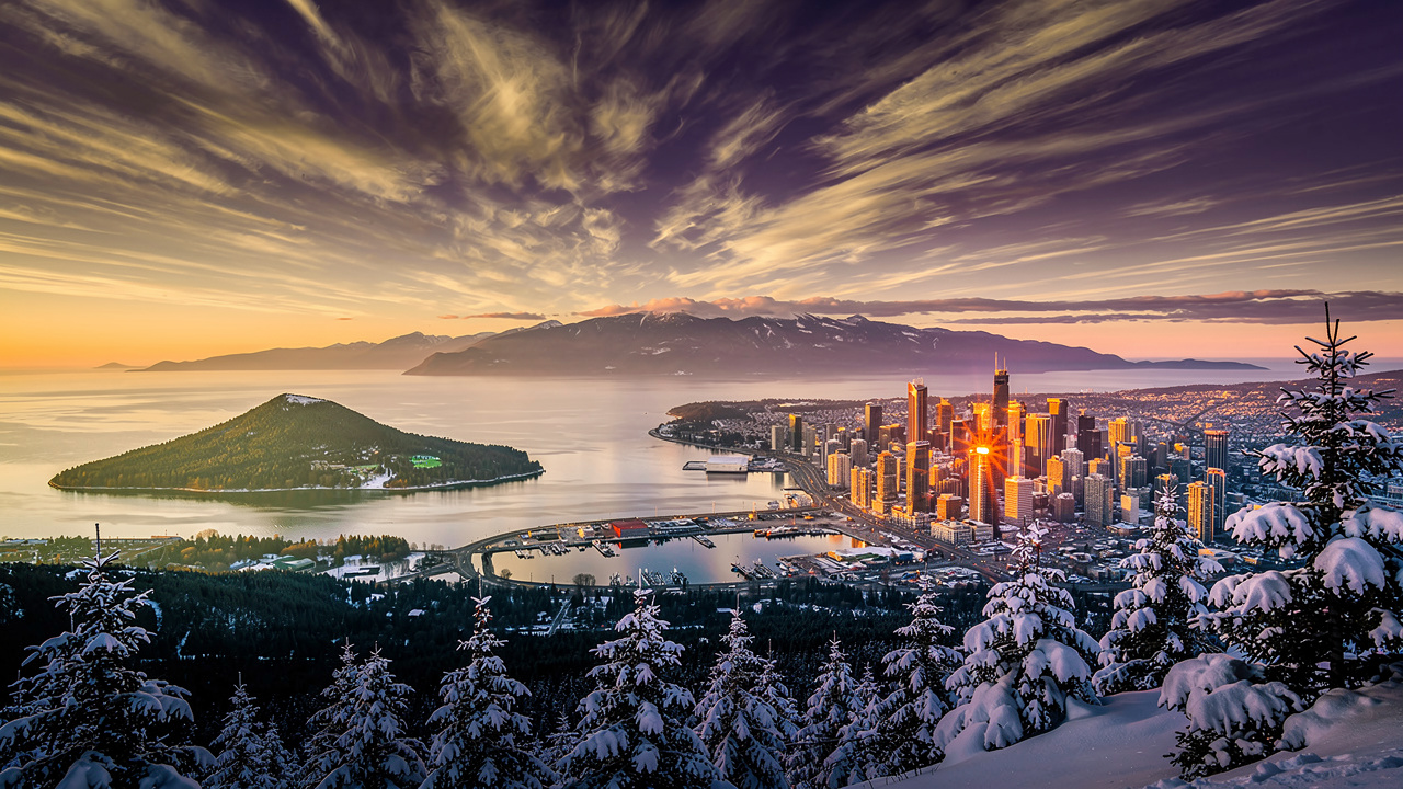 Panoramic Vancouver city view from Grouse Mountain at sunset