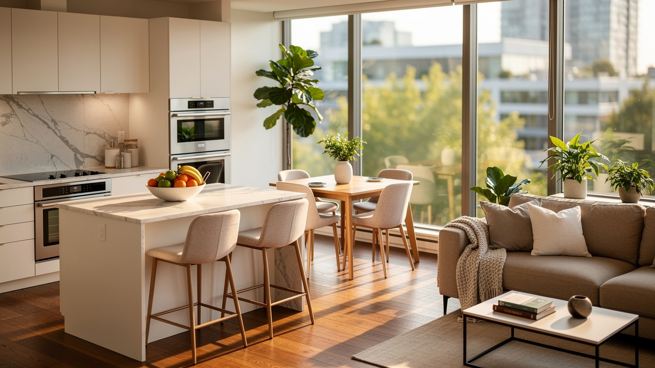 Comfortable furnished Vancouver apartment with full kitchen and living space