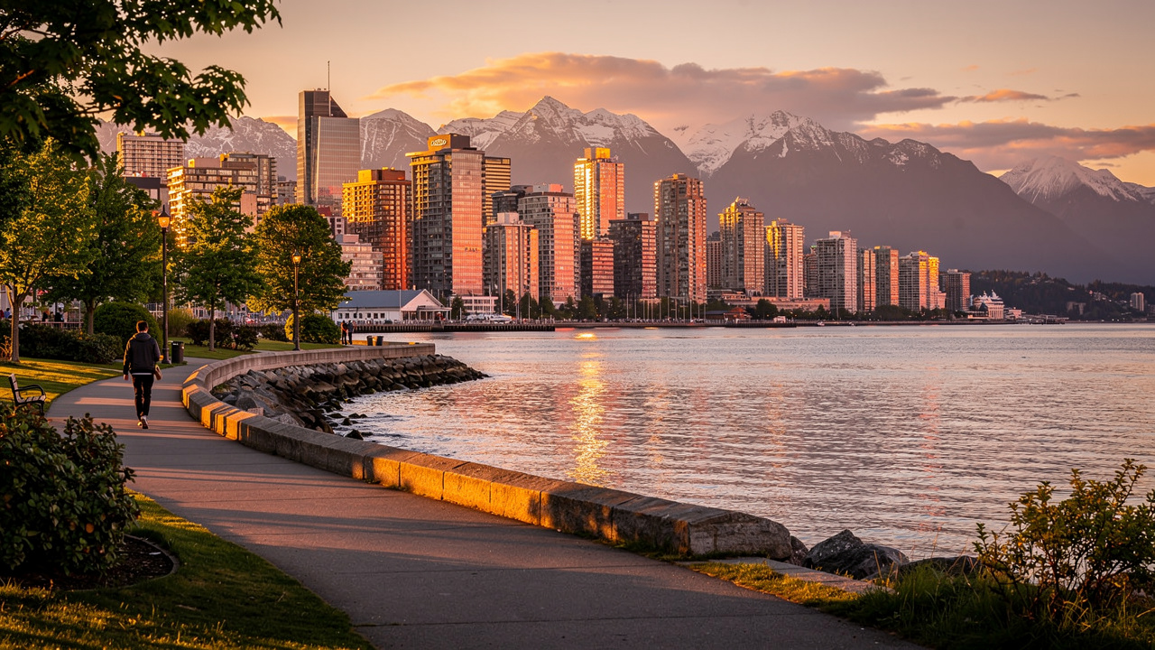 Couple exploring Vancouver seawall at golden hour