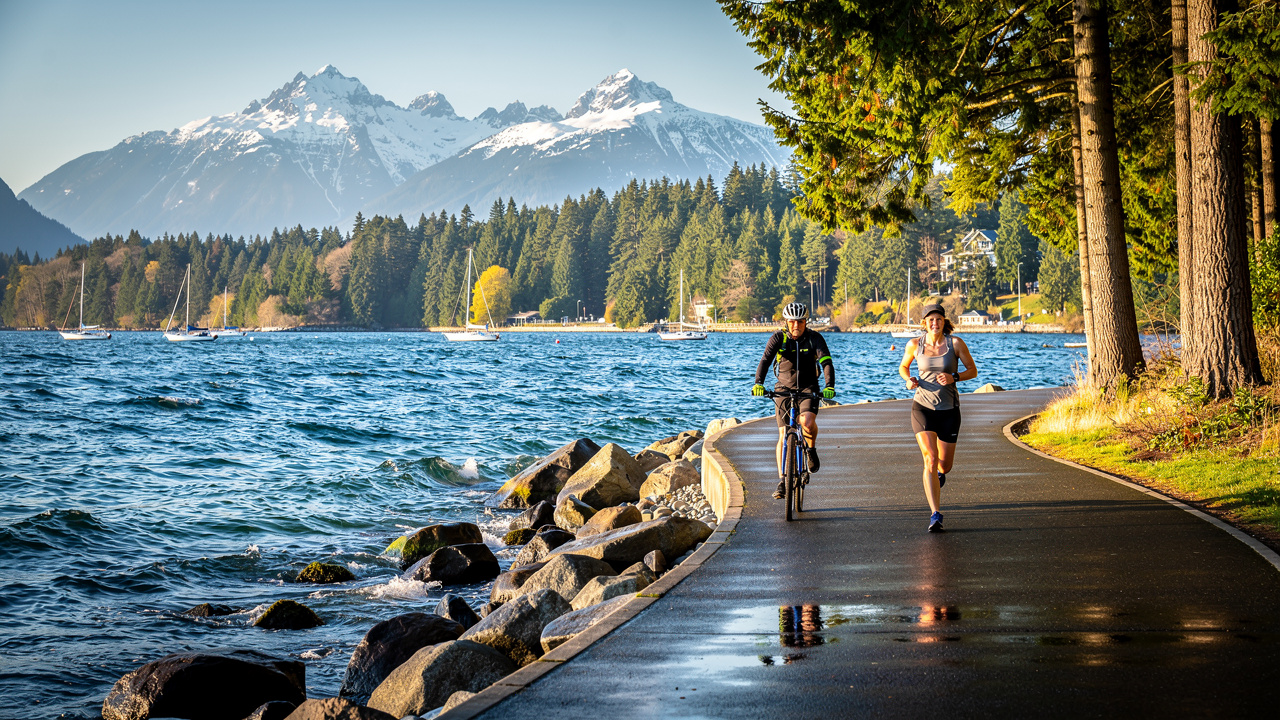 Cyclist on Vancouver's Stanley Park seawall with mountains